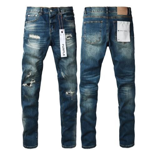 1:1 PURPLE BRΑND Medium Blue Wash Multi Rip Repair Stitch Slim Jeans