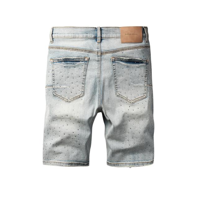 1:1 Quality PURPLE BRΑND Light Bleach Rhinestone Rip Denim Jort Shorts