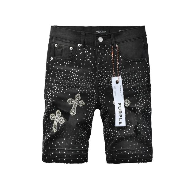 1:1 Quality PURPLE BRΑND Black Rhinestone Cross Logo Denim Jort Shorts