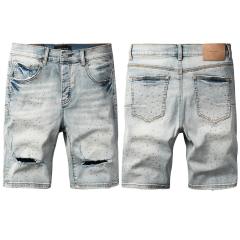 1:1 Quality PURPLE BRΑND Light Bleach Rhinestone Rip Denim Jort Shorts