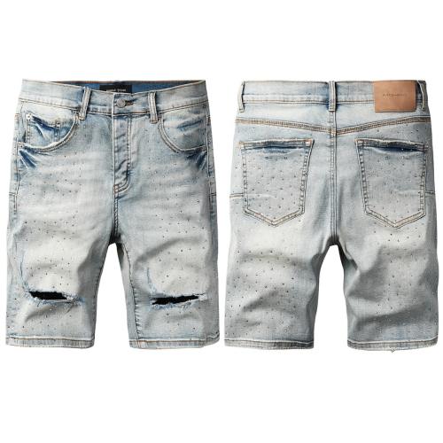 1:1 Quality PURPLE BRΑND Light Bleach Rhinestone Rip Denim Jort Shorts