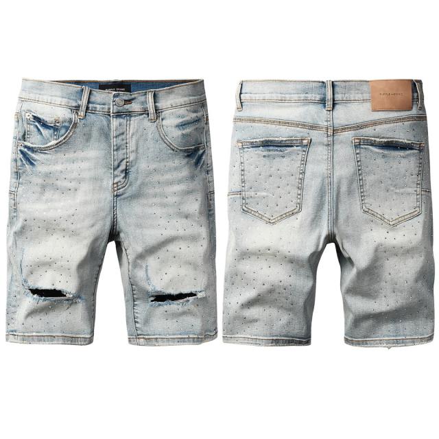 1:1 Quality PURPLE BRΑND Light Bleach Rhinestone Rip Denim Jort Shorts