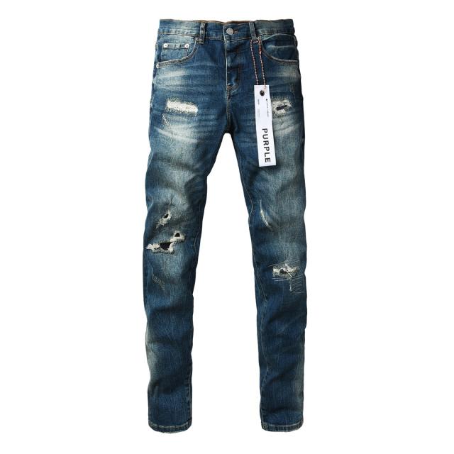 1:1 PURPLE BRΑND Medium Blue Wash Multi Rip Repair Stitch Slim Jeans