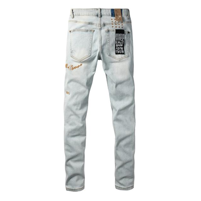 Ksubi Light Bleach Gold Embroidery Distressed Slim Jeans