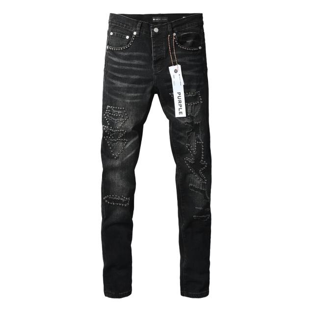 1:1 PURPLE BRΑND Black Wash Star Stud Distressed Slim Jeans
