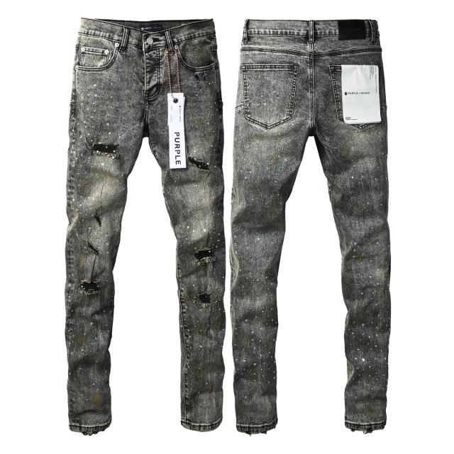 1:1 PURPLE BRΑND Acid Grey Full Rhinestone Distressed Slim Jeans