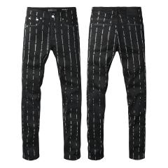 1:1 PURPLE BRΑND Black Vertical Rhinestone Stripe Slim Jeans