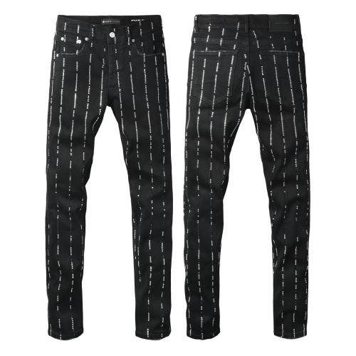 1:1 PURPLE BRΑND Black Vertical Rhinestone Stripe Slim Jeans