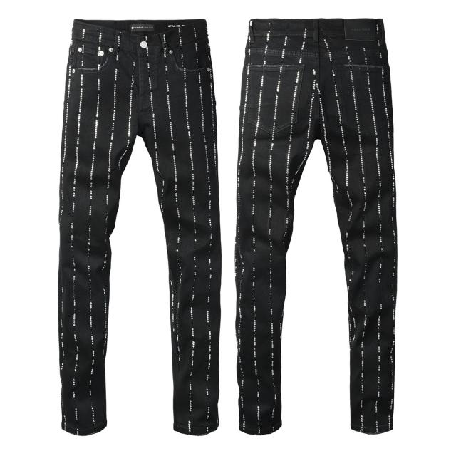 1:1 PURPLE BRΑND Black Vertical Rhinestone Stripe Slim Jeans