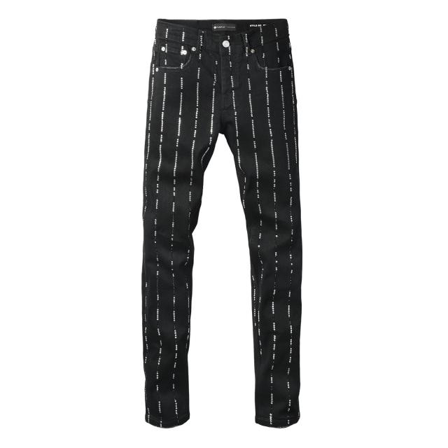 1:1 PURPLE BRΑND Black Vertical Rhinestone Stripe Slim Jeans