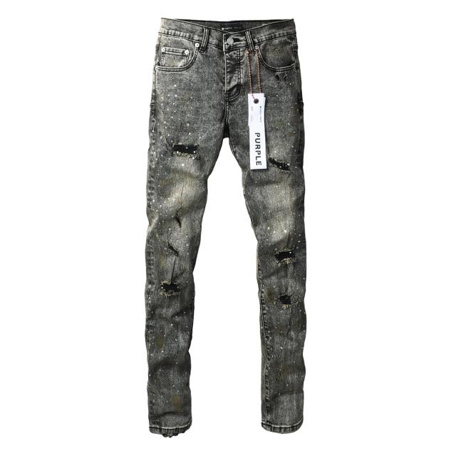 1:1 PURPLE BRΑND Acid Grey Full Rhinestone Distressed Slim Jeans