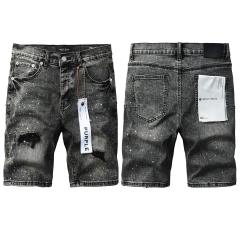 1:1 Quality PURPLE BRΑND Black Grey Wash Rip Rhinestone Denim Jort Shorts