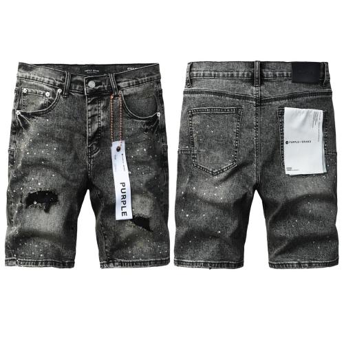 1:1 Quality PURPLE BRΑND Black Grey Wash Rip Rhinestone Denim Jort Shorts