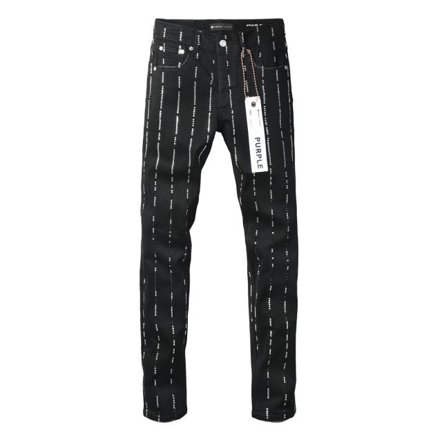 1:1 PURPLE BRΑND Black Vertical Rhinestone Stripe Slim Jeans