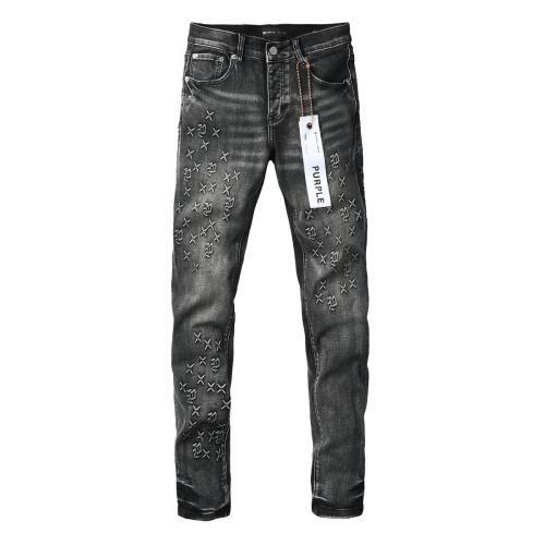 1:1 PURPLE BRΑND Black Grey Wash All Over Cross Embroidery Slim Jeans