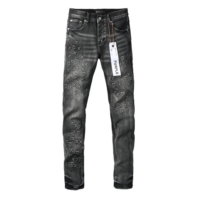 1:1 PURPLE BRΑND Black Grey Wash All Over Cross Embroidery Slim Jeans