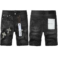1:1 Quality PURPLE BRΑND Black Rhinestone Cross Logo Denim Jort Shorts