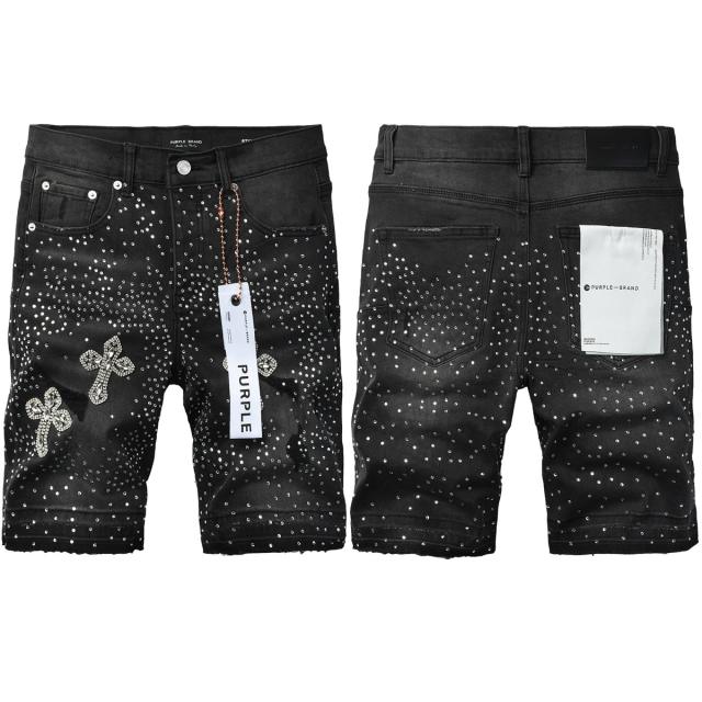 1:1 Quality PURPLE BRΑND Black Rhinestone Cross Logo Denim Jort Shorts