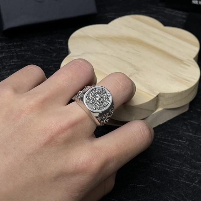 CH Silver Oval Cross Flower Signet Ring