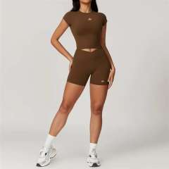 Back Cutout Fitted Top Cross High Waist Shorts Yoga Set 5 colors 29201426