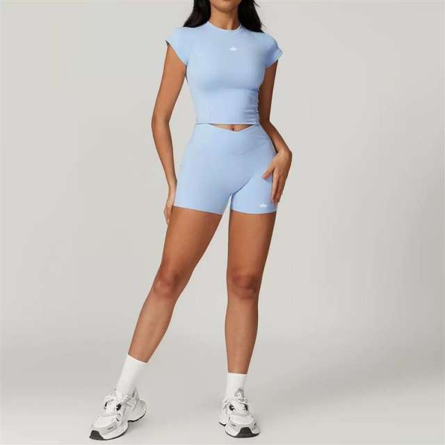 Back Cutout Fitted Top Cross High Waist Shorts Yoga Set 5 colors 29201426