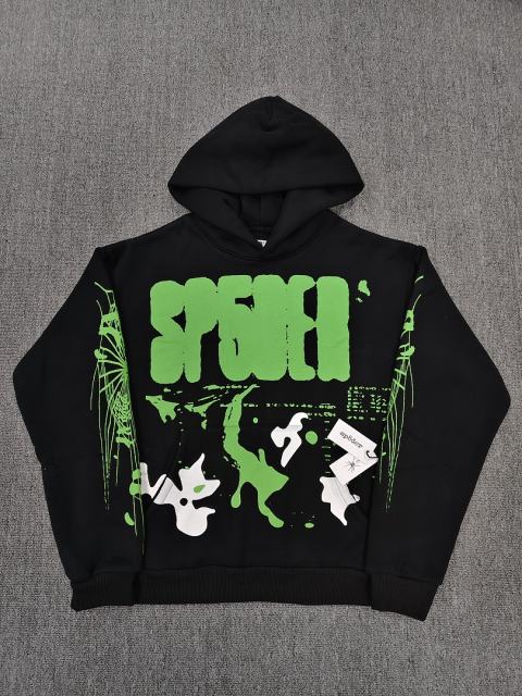 [On Sale] 1:1 Top Quality Black Green Graffiti Splatter Spider Web Pullover Hoodie