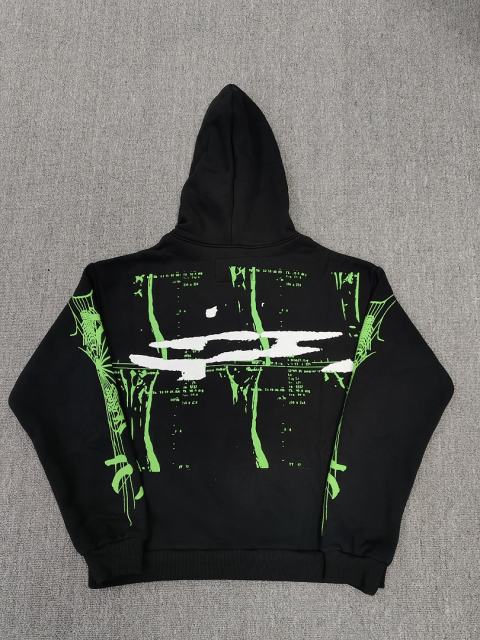 [On Sale] 1:1 Top Quality Black Green Graffiti Splatter Spider Web Pullover Hoodie