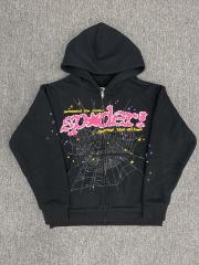 [On Sale] 1:1 Top Quality Black Pink Dot Outline Spider Web Full Zip Hoodie Jacket