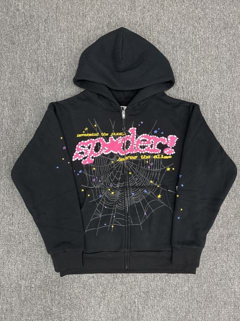 [On Sale] 1:1 Top Quality Black Pink Dot Outline Spider Web Full Zip Hoodie Jacket