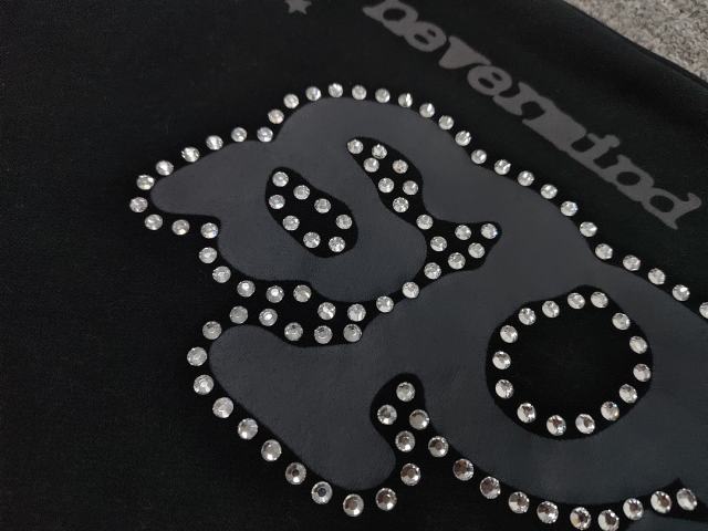 [ON SALE] Black Rhinestone Grey Slogan Star Wide Leg Pants