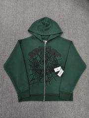 [On Sale] 1:1 Top Quality Dark Green Hood Rivet Chenille Spider Web Full Zip Hoodie