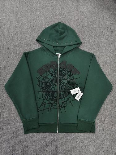 [On Sale] 1:1 Top Quality Dark Green Hood Rivet Chenille Spider Web Full Zip Hoodie