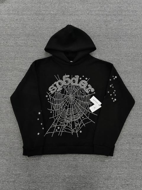 [On Sale] 1:1 Top Quality Black Full Crystal Rhinestone Spider Web Star Pullover Hoodie
