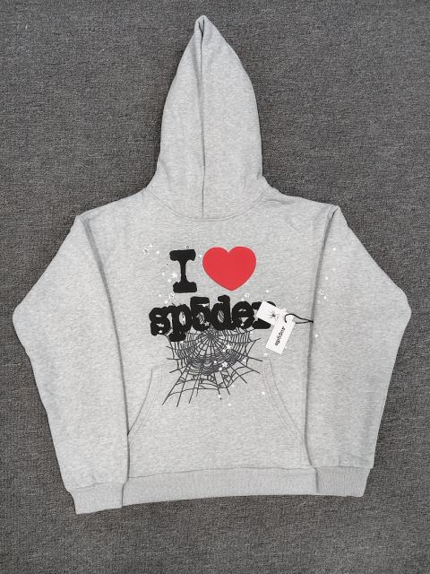 [On Sale] 1:1 Top Quality Heather Grey I Love Sp5der Heart Spider Web Pullover Hoodie