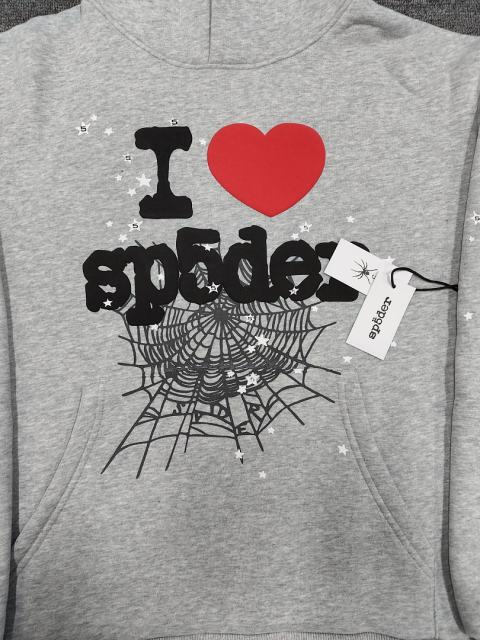 [On Sale] 1:1 Top Quality Heather Grey I Love Sp5der Heart Spider Web Pullover Hoodie
