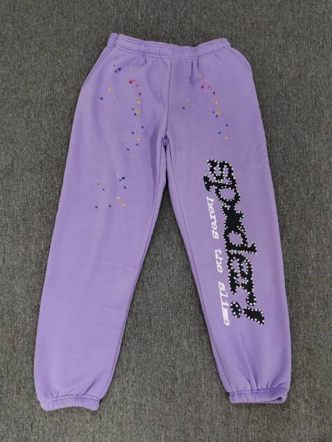 [ON SALE] Lavender Purple Vertical Rhinestone Sp5der Slogan Multi-Color Star Jogger Sweat Pants