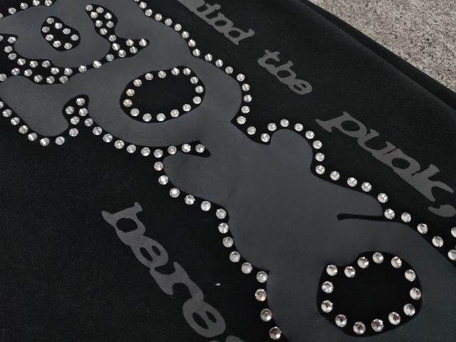 [ON SALE] Black Rhinestone Grey Slogan Star Wide Leg Pants
