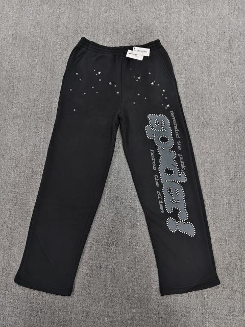 [ON SALE] Black Rhinestone Grey Slogan Star Wide Leg Pants