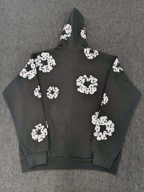 [1:1 TOP QUALITY] Denim Tears Dark Grey Full Zip Colorful Rhinestone White Cotton Wreath Hoodie