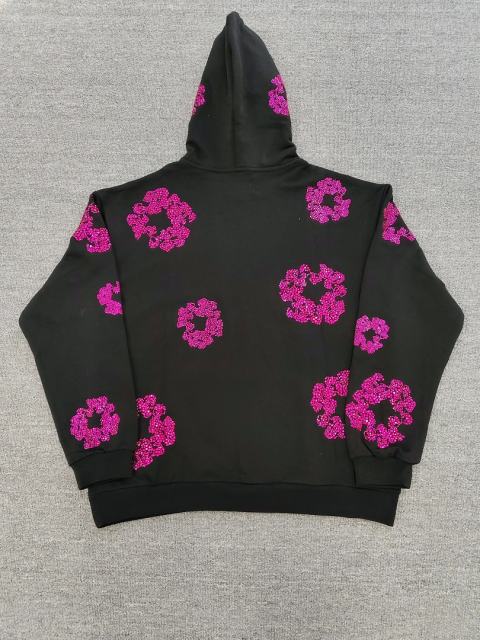 [1:1 TOP QUALITY] Denim Tears Pink Rhinestone Cotton Wreath Black Pullover Hoodie