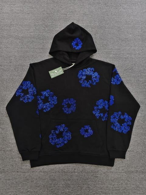 [1:1 TOP QUALITY] Denim Tears Blue Rhinestone Cotton Wreath Black Pullover Hoodie