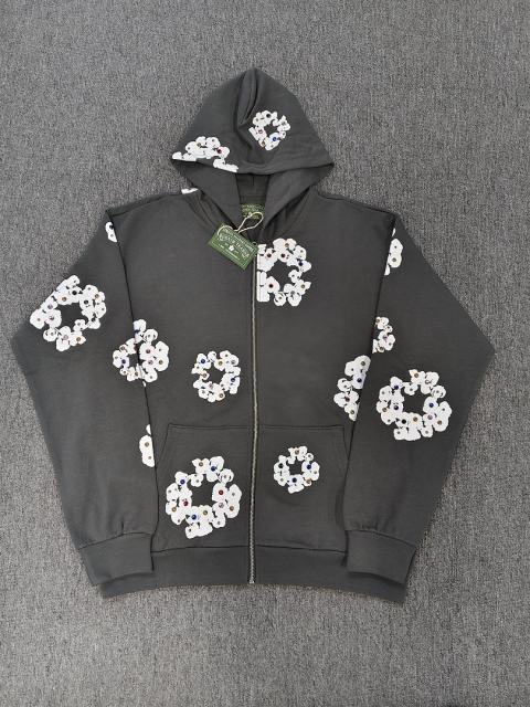 [1:1 TOP QUALITY] Denim Tears Dark Grey Full Zip Colorful Rhinestone White Cotton Wreath Hoodie