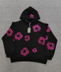[1:1 TOP QUALITY] Denim Tears Pink Rhinestone Cotton Wreath Black Pullover Hoodie