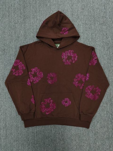[1:1 TOP QUALITY] Denim Tears Coffee Brown Hot Pink Rhinestone Cotton Wreath Pullover Hoodie
