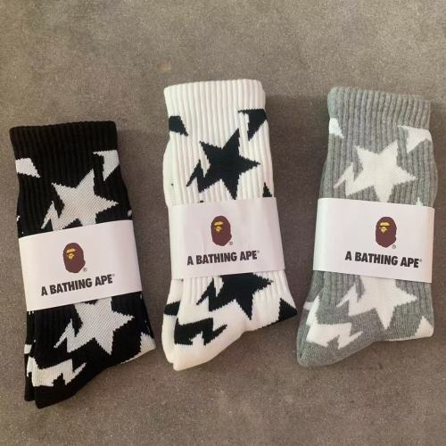 BAPE Black Star Pattern White Mid Calf Crew Socks