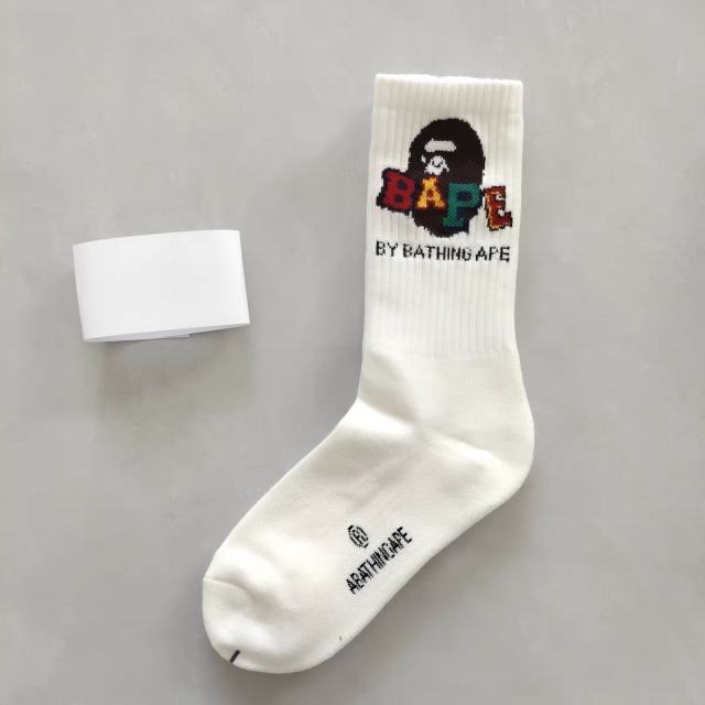 BAPE Multi Color Block Ape Head Logo White Mid Calf Crew Socks