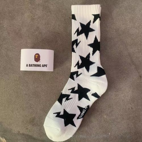 BAPE Black Star Pattern White Mid Calf Crew Socks