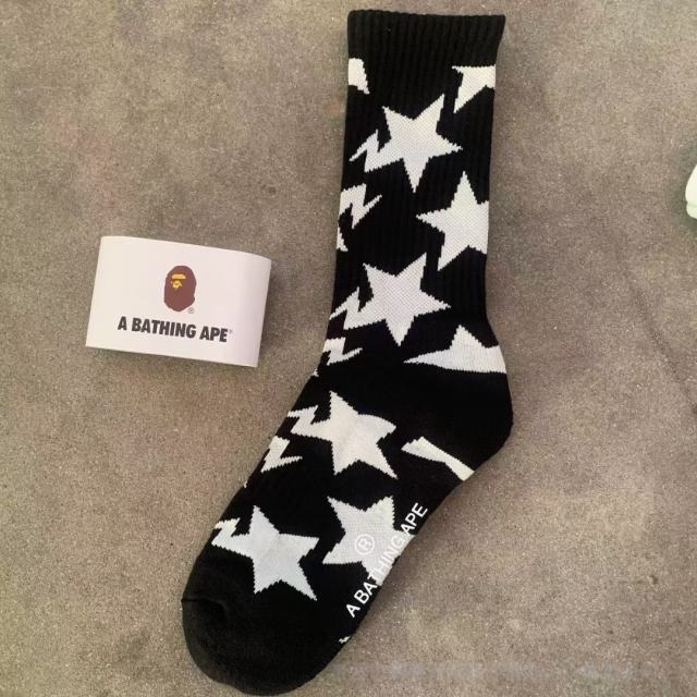 BAPE Black Star Pattern White Mid Calf Crew Socks