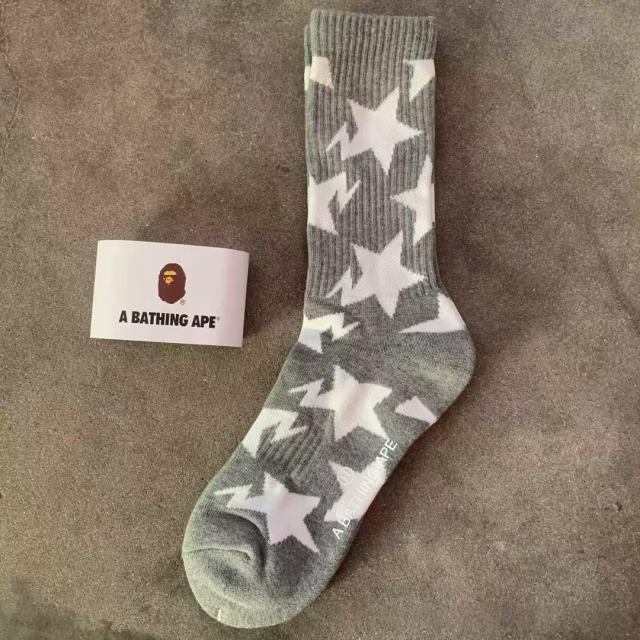 BAPE Black Star Pattern White Mid Calf Crew Socks