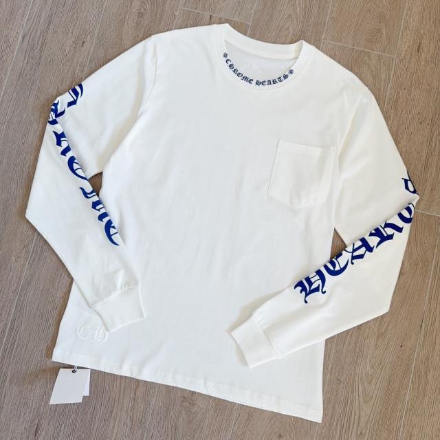 1:1 quality CH Blue Gothic Letter Sleeve White Pocket Long Sleeve T-Shirt